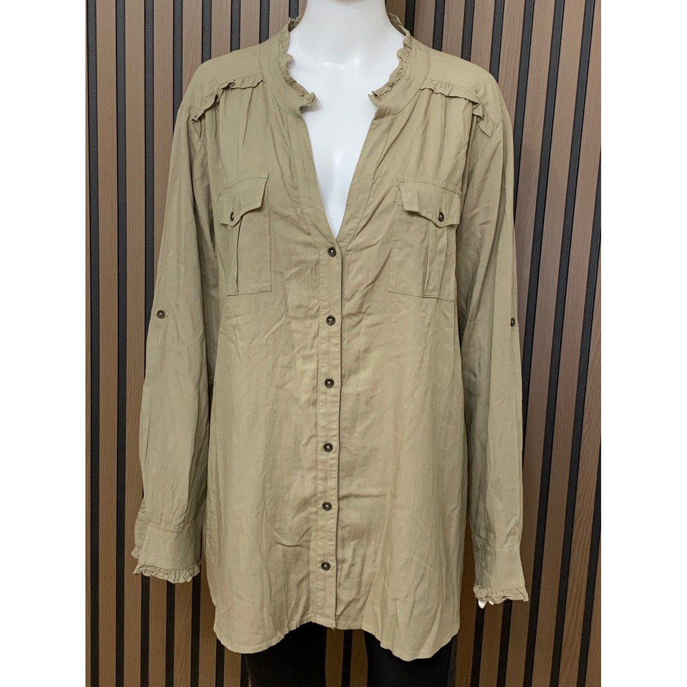 Sundance Khaki Tan Ruffle Trim Roll Tab Sleeve Button Down Tunic Top XL